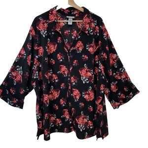 Catherines Top Woman 4XL Button Up Black Red Floral‎ Half Sleeve Office Casual